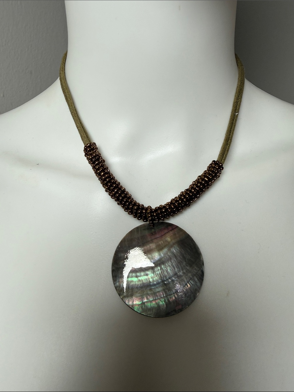 Lia Sophia Iridescent Abalone Pendant Necklace in Olive and Brown